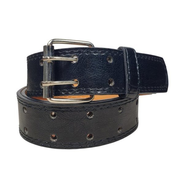 Men's Unisex Black Genuine Leather Two Prong Row Belt 2 Pieces / 2 Belts - Picture 2 of 4